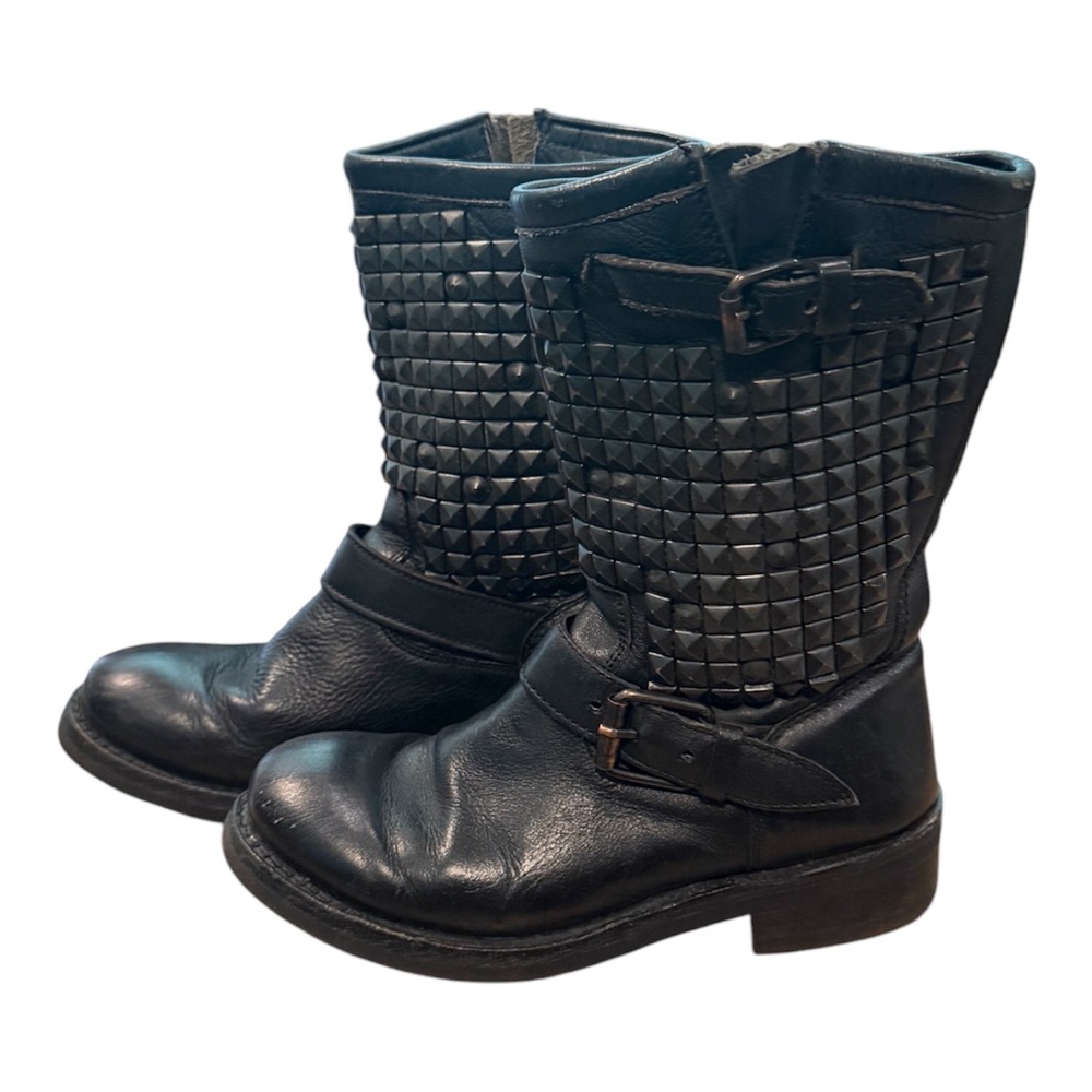 Ash Trash Black Leather Studded Biker Boots Mid Calf Engineer 36 12266 14725
